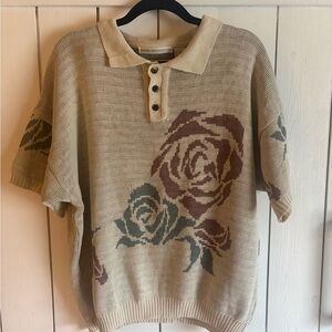 Floral Beige vintage Anne Pinkerton short sleeve collared sweater